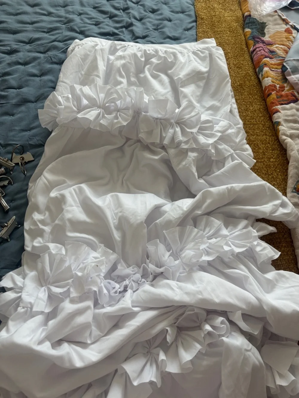 White Ruffled cotton 3 tiers Shower Curtain with Hooks